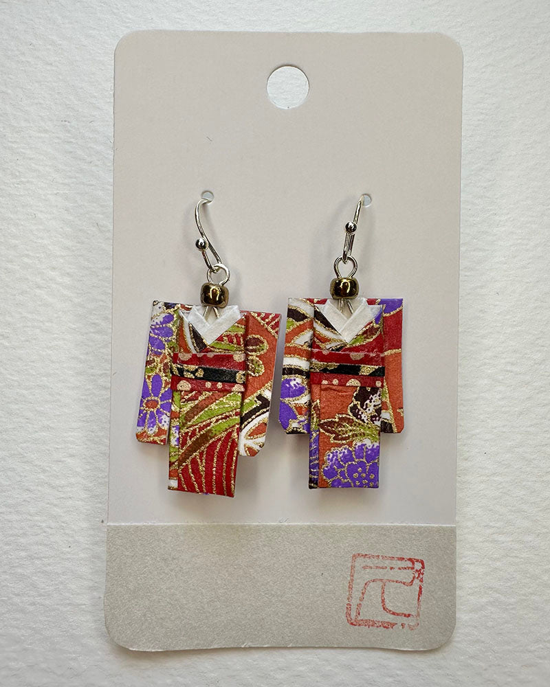 Vermilion Textile Non-Toxic water-based glue & finish. Washi Paper, Beads, Allergy free Metalic Hand-crafted by Hisao Deldeo All earrings are one of a kind /Origami Jewelry/ Origami Earrings/ Kimono accessory/ Kimono Jewelry/Origami Yukata Jewelry/ Yukata