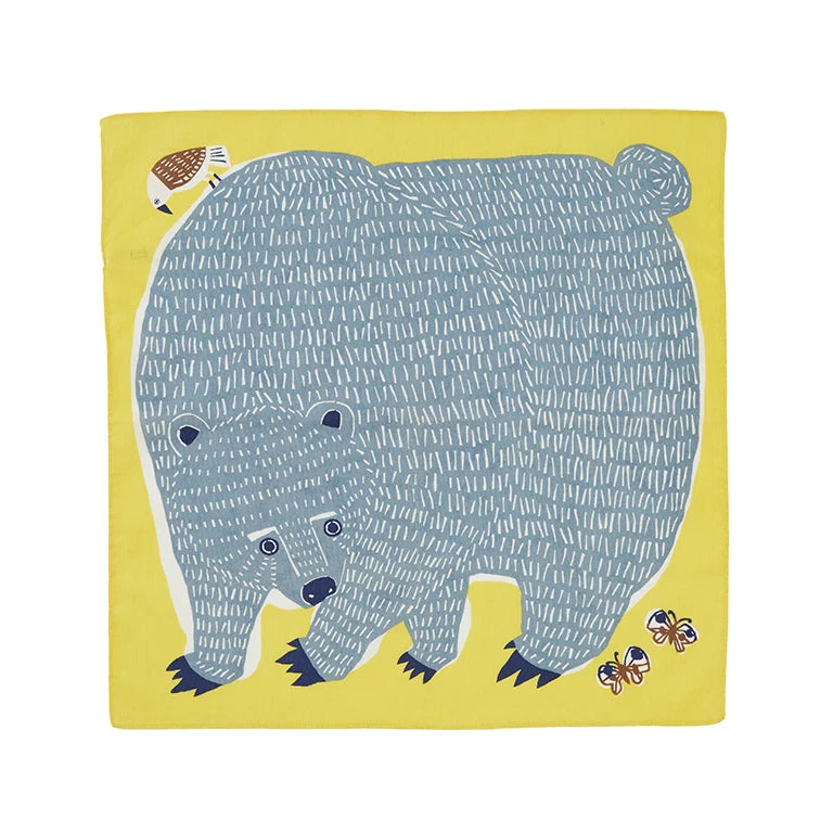A square yellow textile or art print featuring a stylized blue-gray bear with white scratch-like lines, small bees, and a small bird motif, shown on a plain white background.