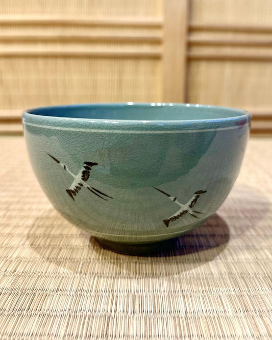 Kyo | Celadon Tea Bowl with Cranes