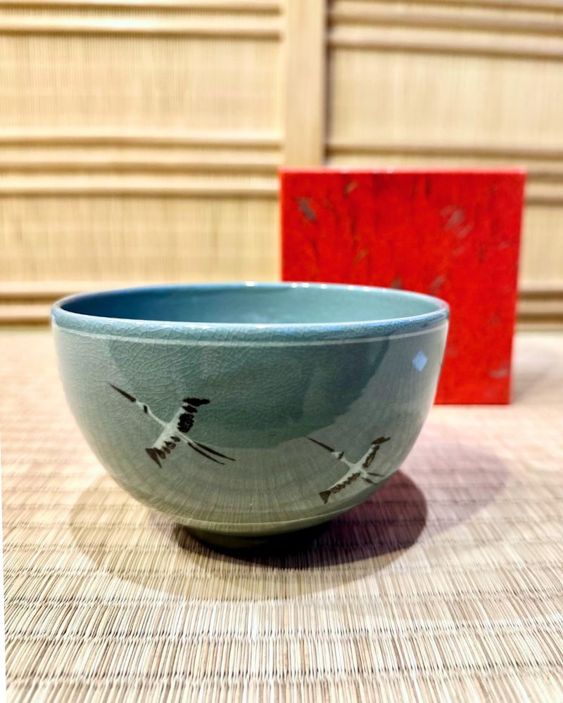 Kyo | Celadon Tea Bowl with Cranes