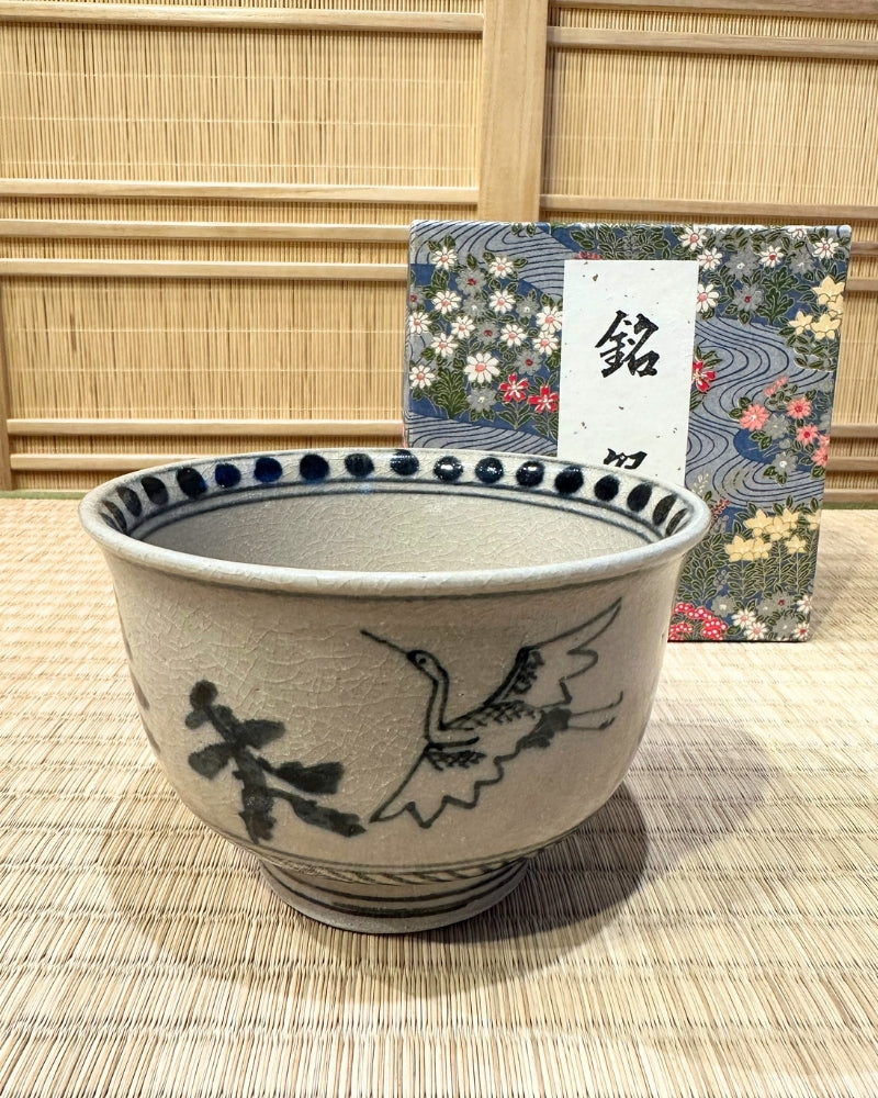 Crackle Glaze Tea Bowl with Crane Matcha Tea Bowl