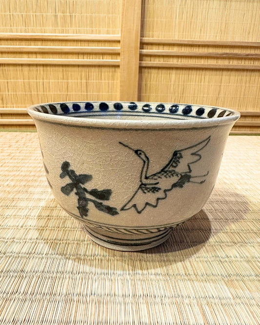 Crackle Glaze Tea Bowl with Crane Matcha Tea Bowl