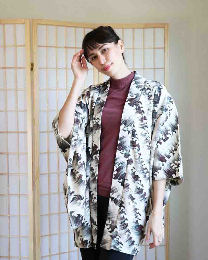 Black/ Burgundy Wavy Haori Kimono Jacket