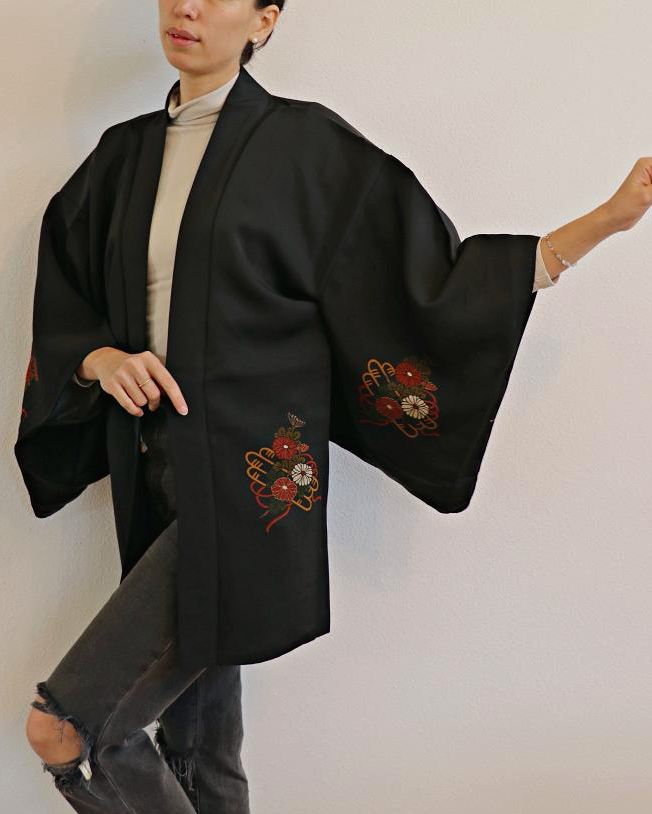 Mum Flower Magic Black Haori Kimono Jacket