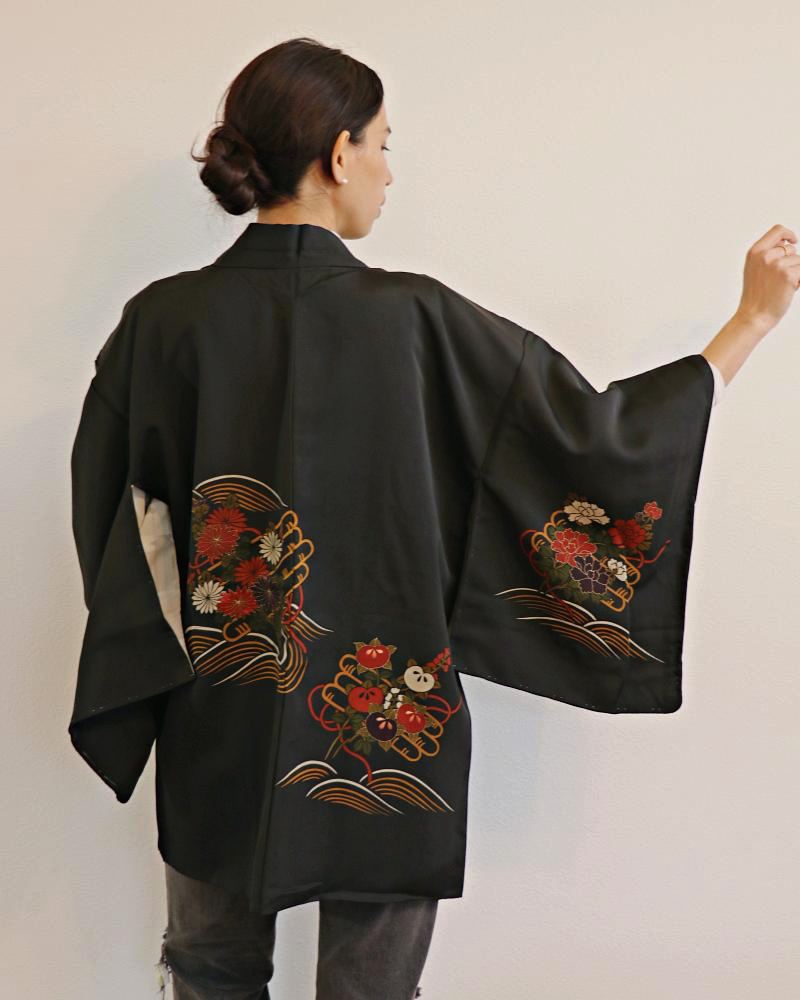 Mum Flower Magic Black Haori Kimono Jacket