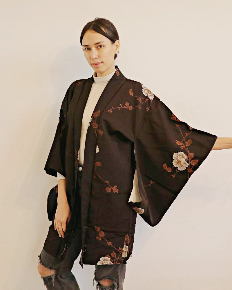 Camellia Blossoms on the Vine Black Haori Kimono Jacket