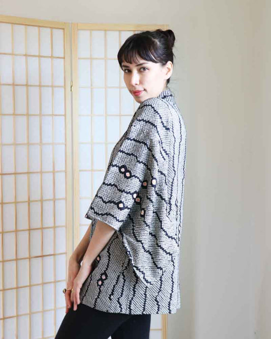 Black Bertical Stripes Shibori Haori Kimono Jacket