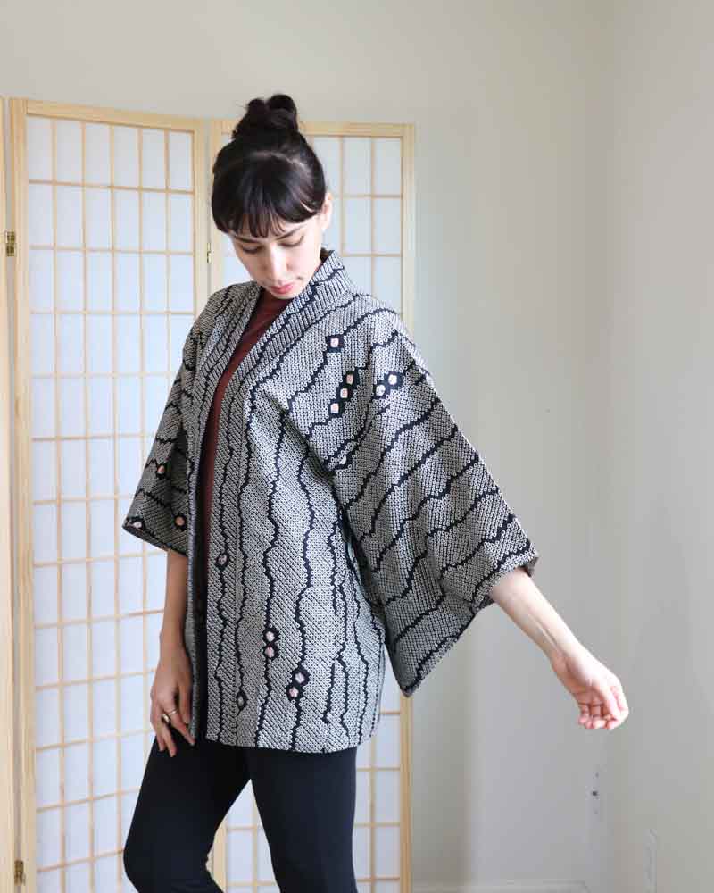 Black Bertical Stripes Shibori Haori Kimono Jacket