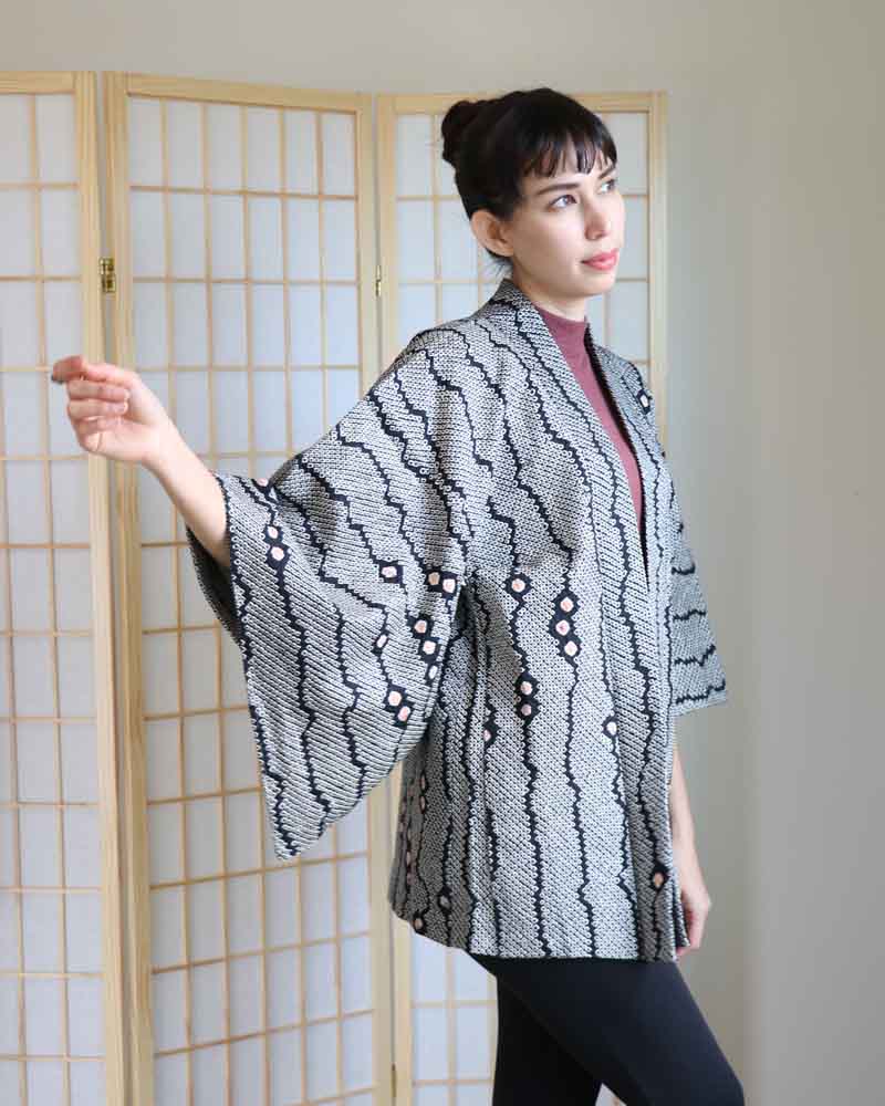 Black Bertical Stripes Shibori Haori Kimono Jacket