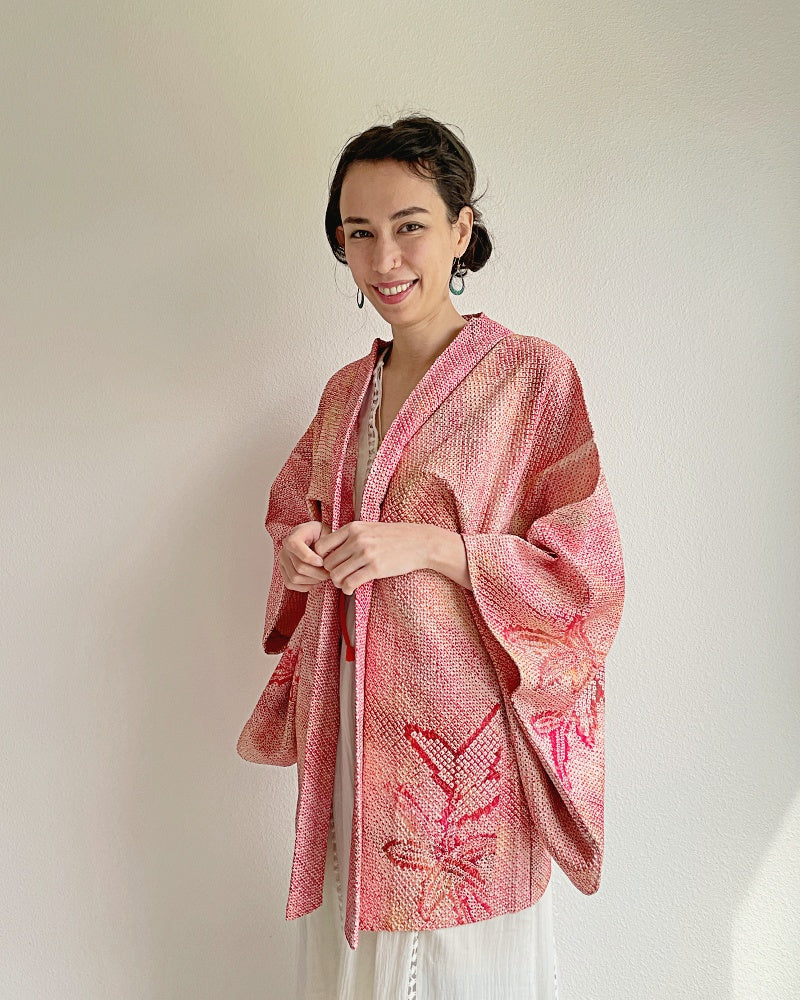 Pink Bamboo Leaves Shibori Kimono Jacket