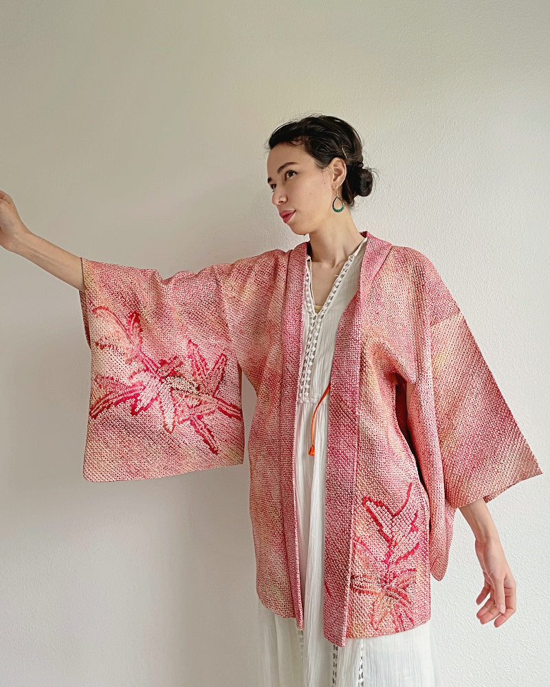 Pink Bamboo Leaves Shibori Kimono Jacket