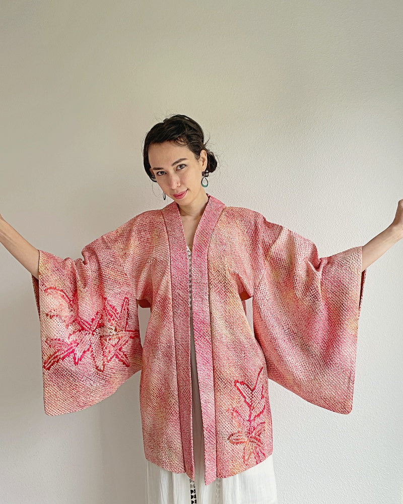 Pink Bamboo Leaves Shibori Kimono Jacket