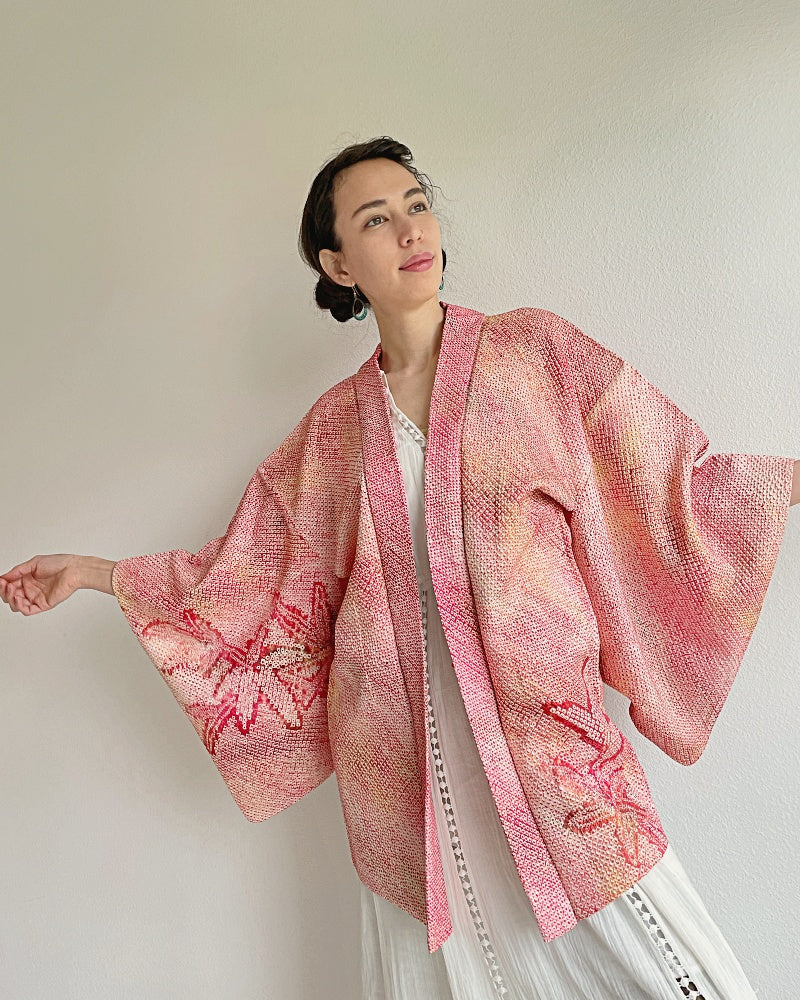 Pink Bamboo Leaves Shibori Kimono Jacket