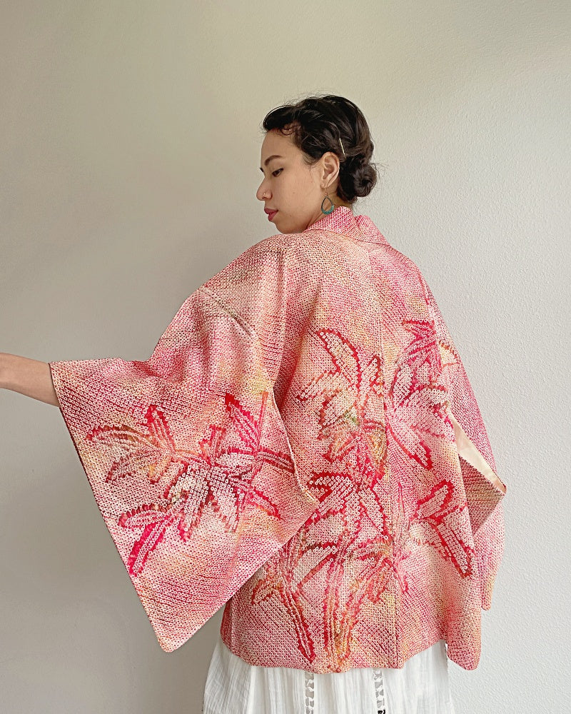 Pink Bamboo Leaves Shibori Kimono Jacket