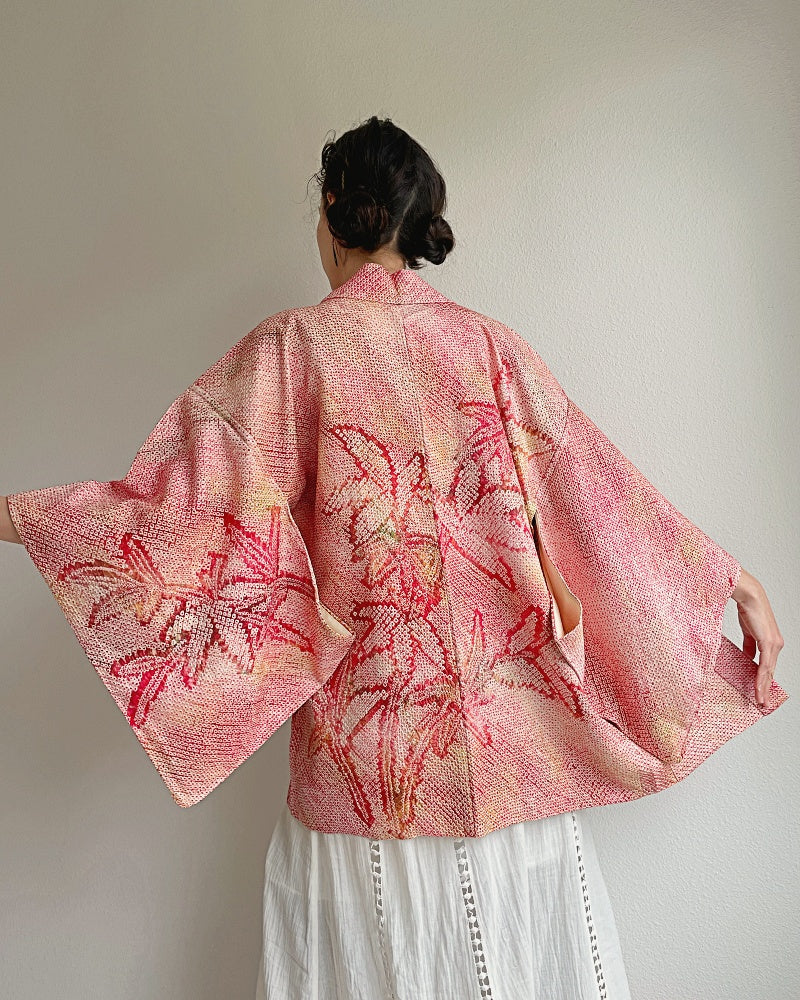 Pink Bamboo Leaves Shibori Kimono Jacket