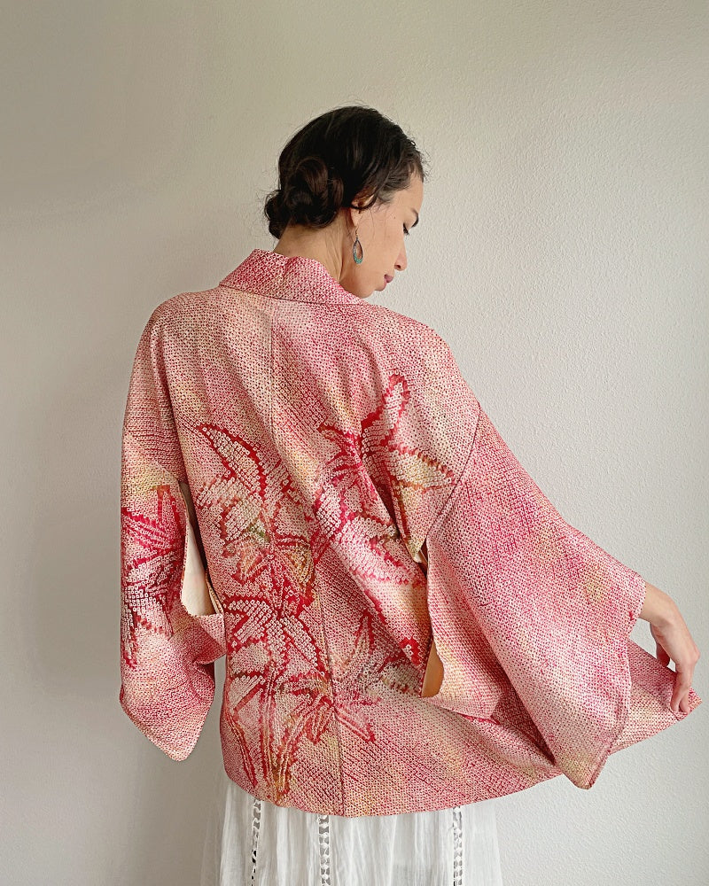 Pink Bamboo Leaves Shibori Kimono Jacket