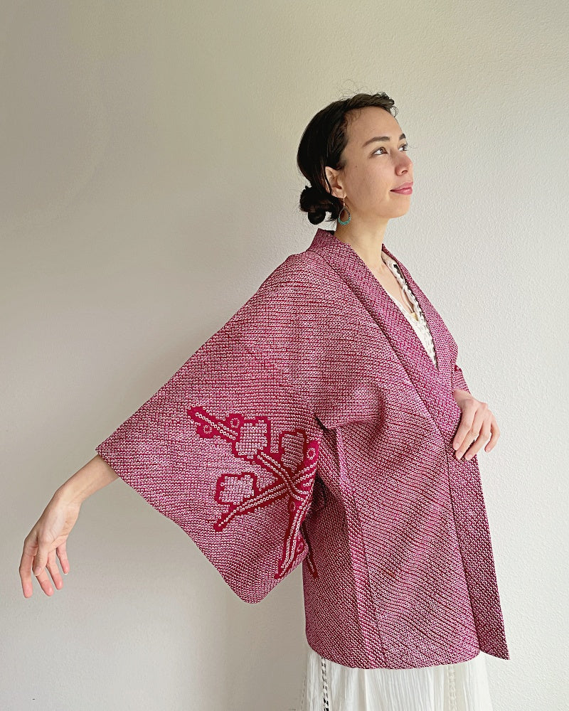 Elegant Plum Flower Shibori Kimono Jacket