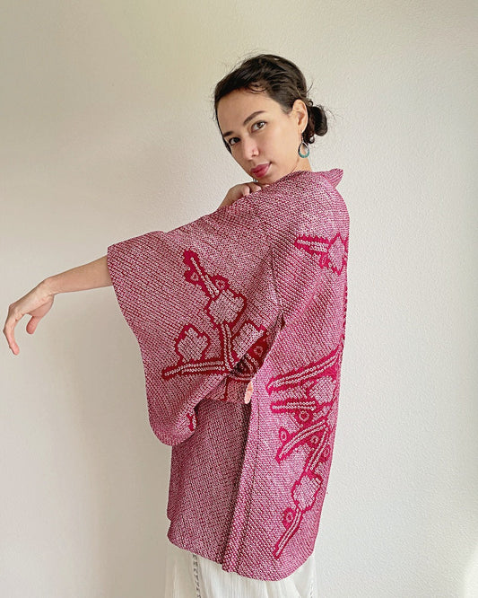 Elegant Plum Flower Shibori Kimono Jacket