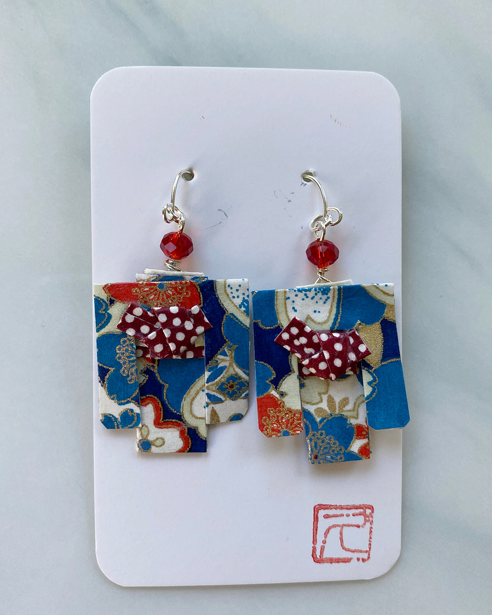 Kimono Origami Jewelry Zen Earrings Blue/Red Dots