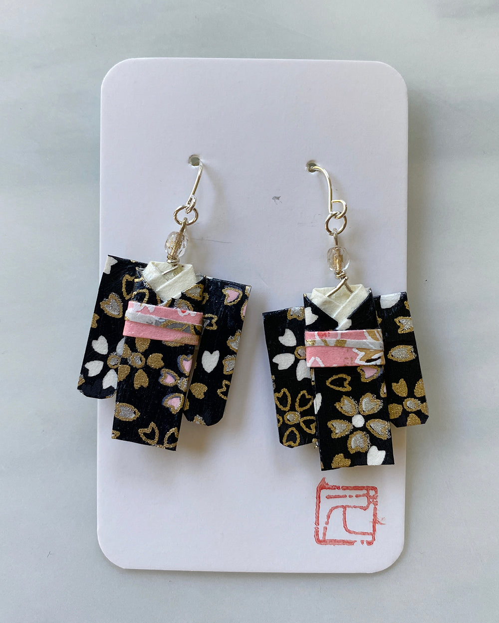 Kimono Origami Jewelry Zen Earrings Black Sakura /Pink