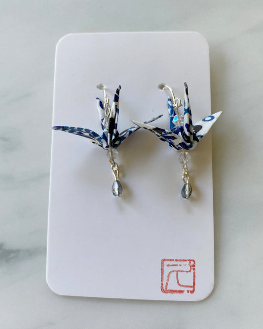 Crane Tsuru Origami Jewelry Zen Earrings Navy/White