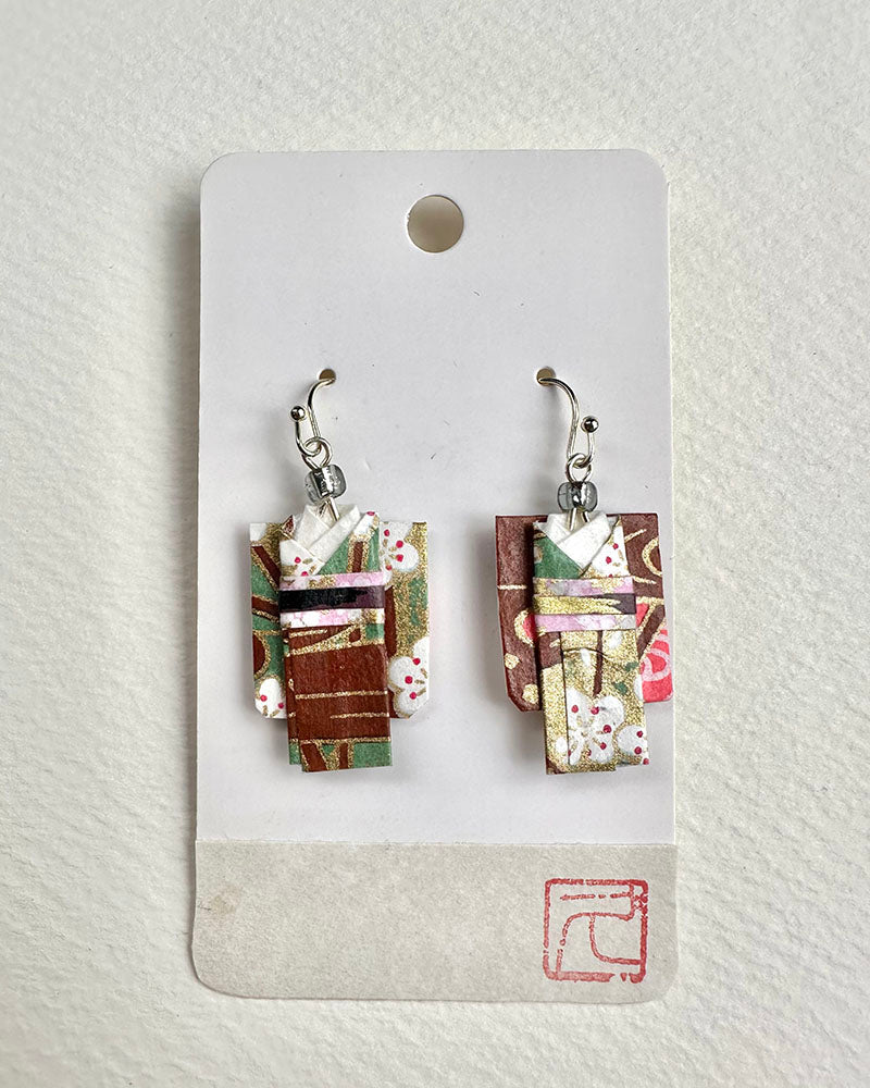 Kimono Origami Jewelry Zen Earrings -Brown /Green