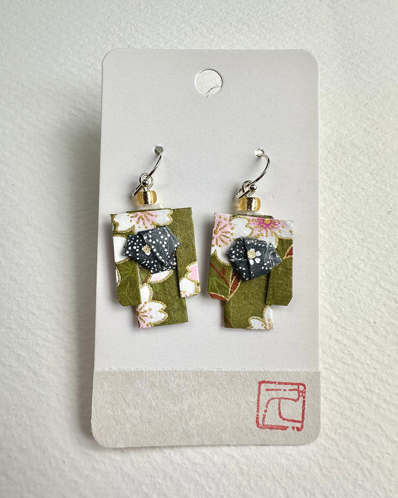 Kimono Origami Jewelry Zen Earrings -Green Sakura