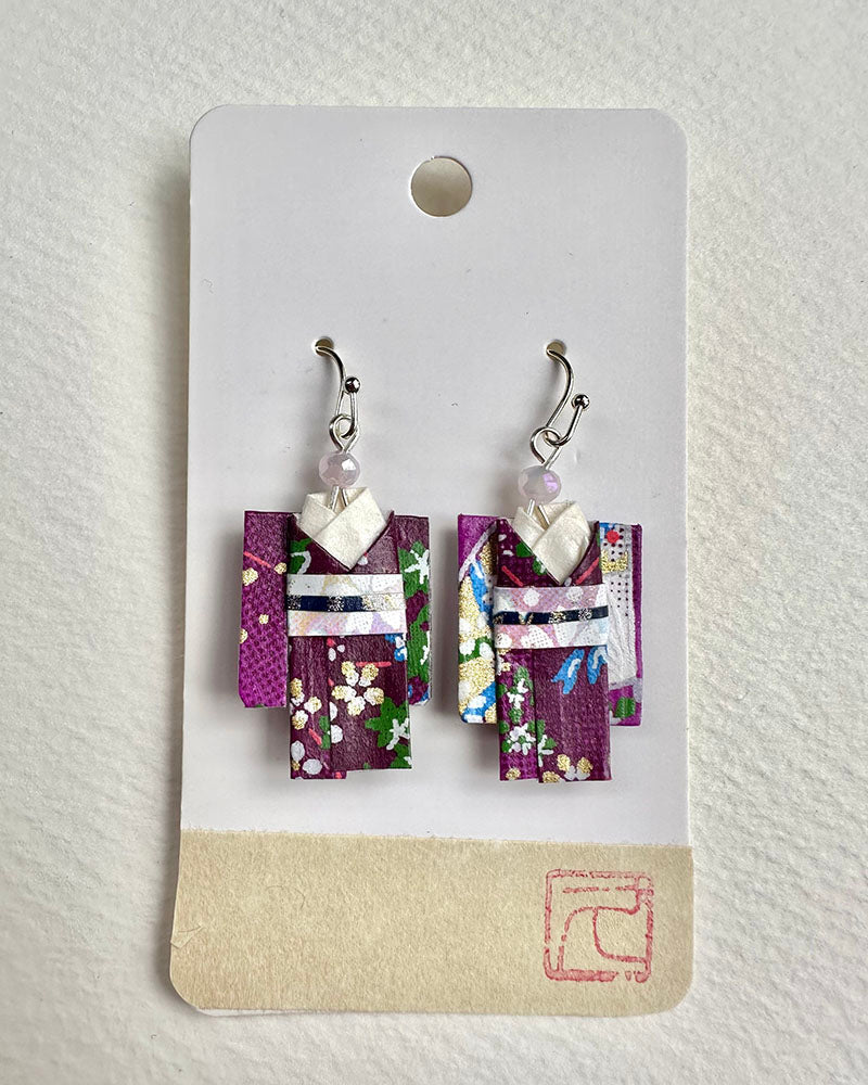 Kimono Origami Jewelry Zen Earrings -Purple Flowers