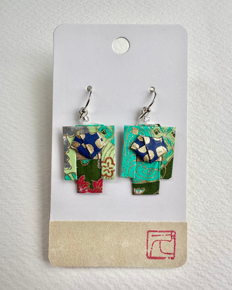 Kimono Origami Jewelry Zen Earrings -Emerald green