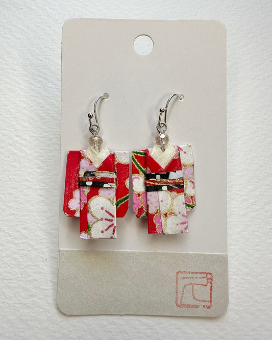 Red Sakura Kimono Textile Non-Toxic water-based glue & finish. Washi Paper, Beads, Allergy free Metalic Hand-crafted by Hisao Deldeo All earrings are one of a kind /Origami Jewelry/ Origami Earrings/ Kimono accessory/ Kimono Jewelry/Origami Yukata Jewelry/ Yukata