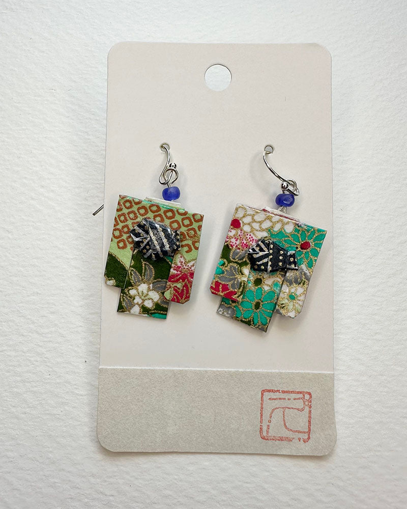 Kimono Origami Jewelry Zen Earrings -Green Garden