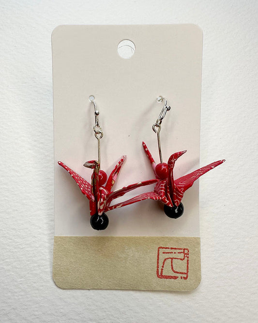 Red Patterns Textile  Non-Toxic water-based glue & finish. Washi Paper, Vintage Botton, Allergy free Metalic Hand-crafted by Hisao Deldeo SKU: OTJE 002 TsuruEarringsAll earrings are one of a kind.