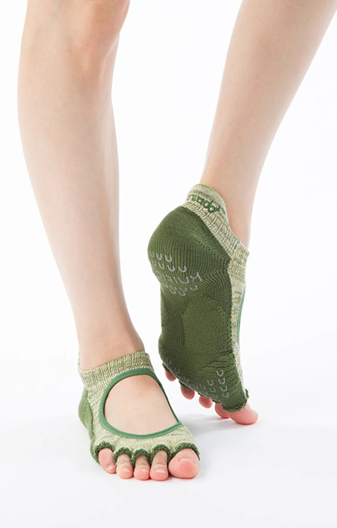 The brand name Knitido plus's HEATHER OPEN TOE FOOTIE GRIP SOCKS WITH *POWER PADS* in Olive color