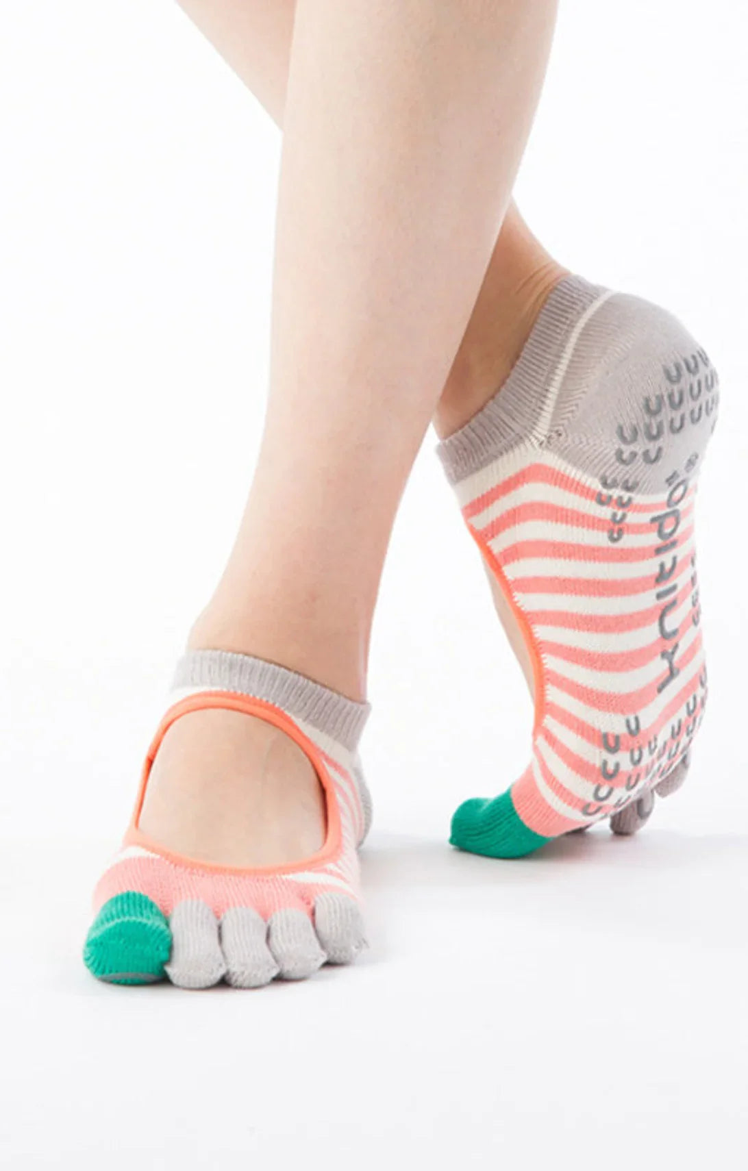 Knitted Plus’s Organic Cotton Striped Toe Liner Grip Socks in Coral