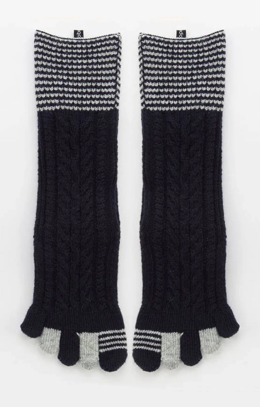 Frontal view of Knitido plus's Wool Blend Cable Striped Midcalf Toe Socks in Navy color