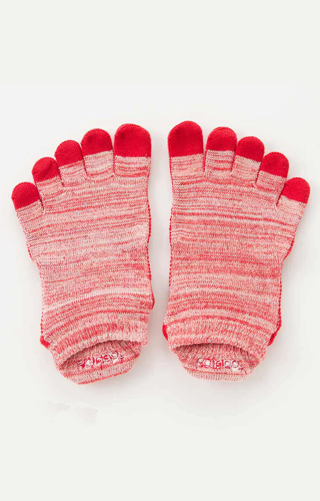 This is a picture of the brand name Knitido+ product HEATHER FOOTIE TOE GRIP SOCKS WITH *POWER PADS* in RED color