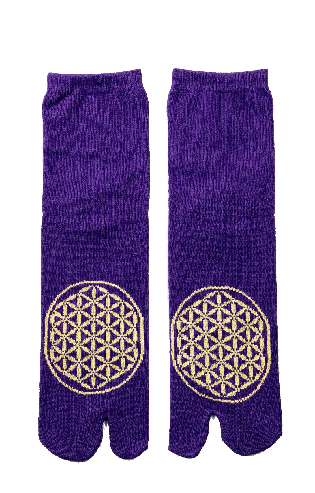 This is a picture of the brand name LOTUS product name Flower Of Life Tabi Toe Socks in PURPLE-GOLD color.