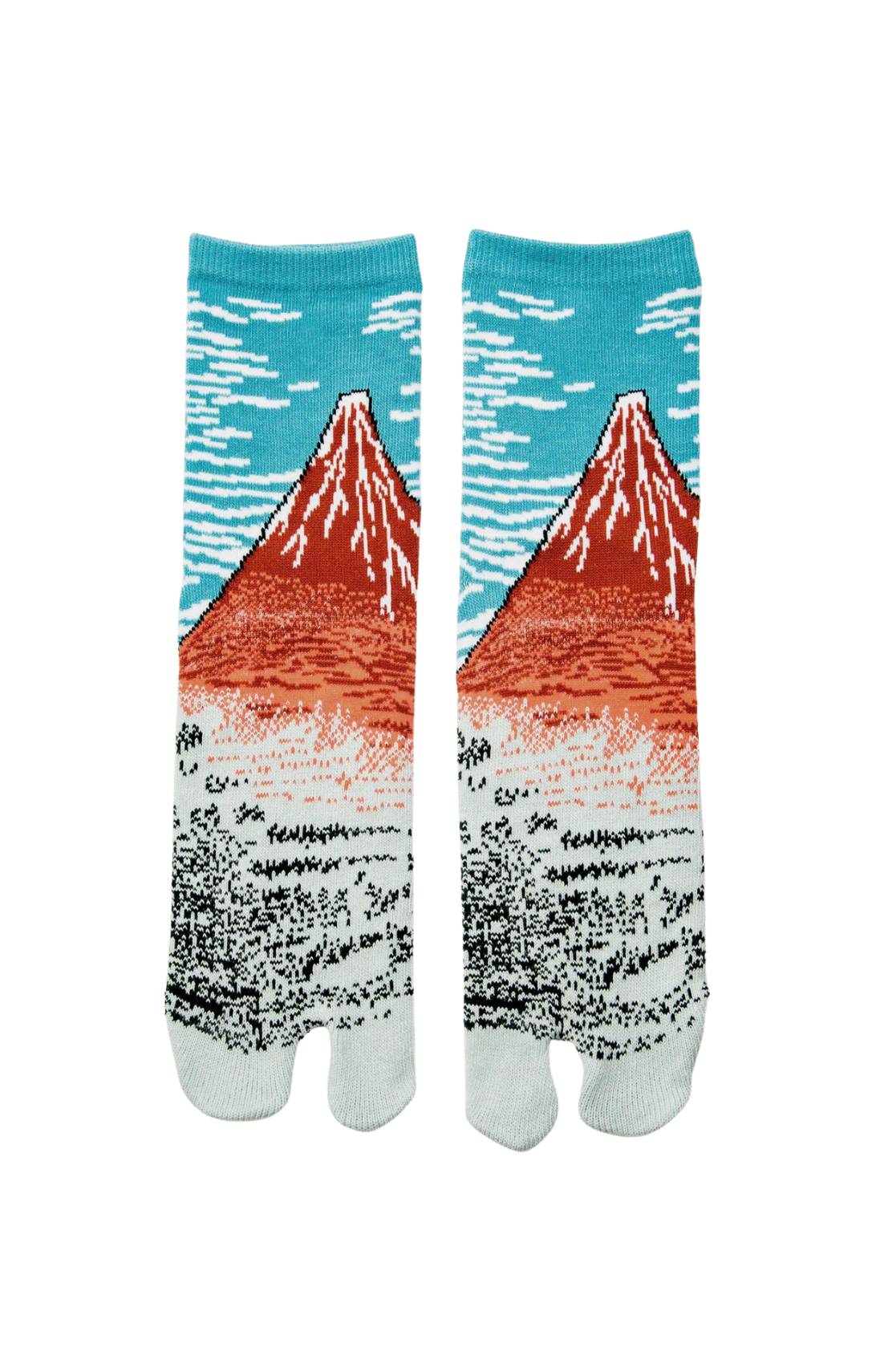 This is a photo of the product name HOKUSAI RED MOUNT FUJI TABI TOE SOCKS, which is inspired by the work of Hokusai Katsushika of NINJA SOCKS