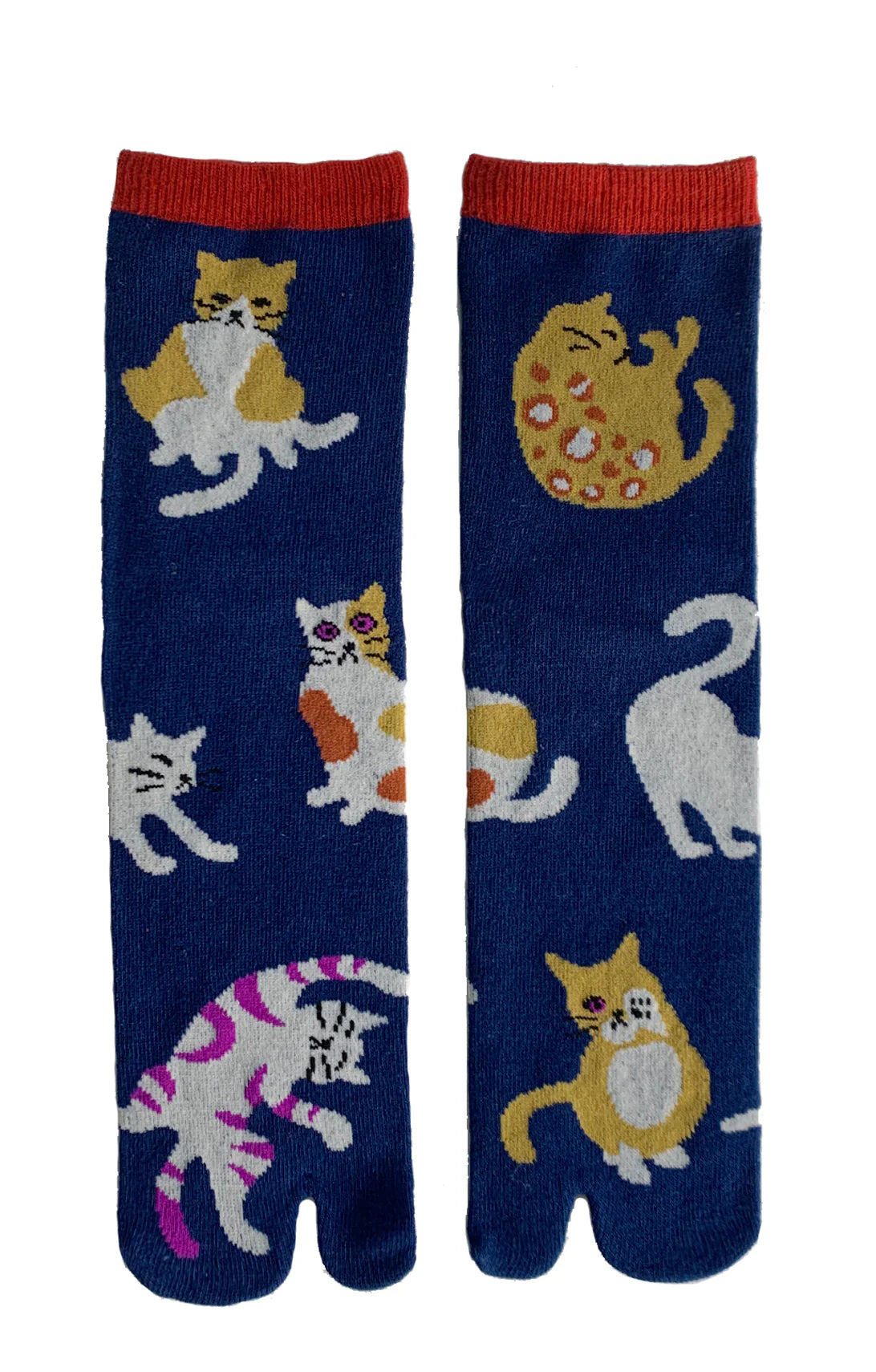 Cats Neko Tabi Toe Socks by NINJA SOCKS in the color Blue with various patterns of cats