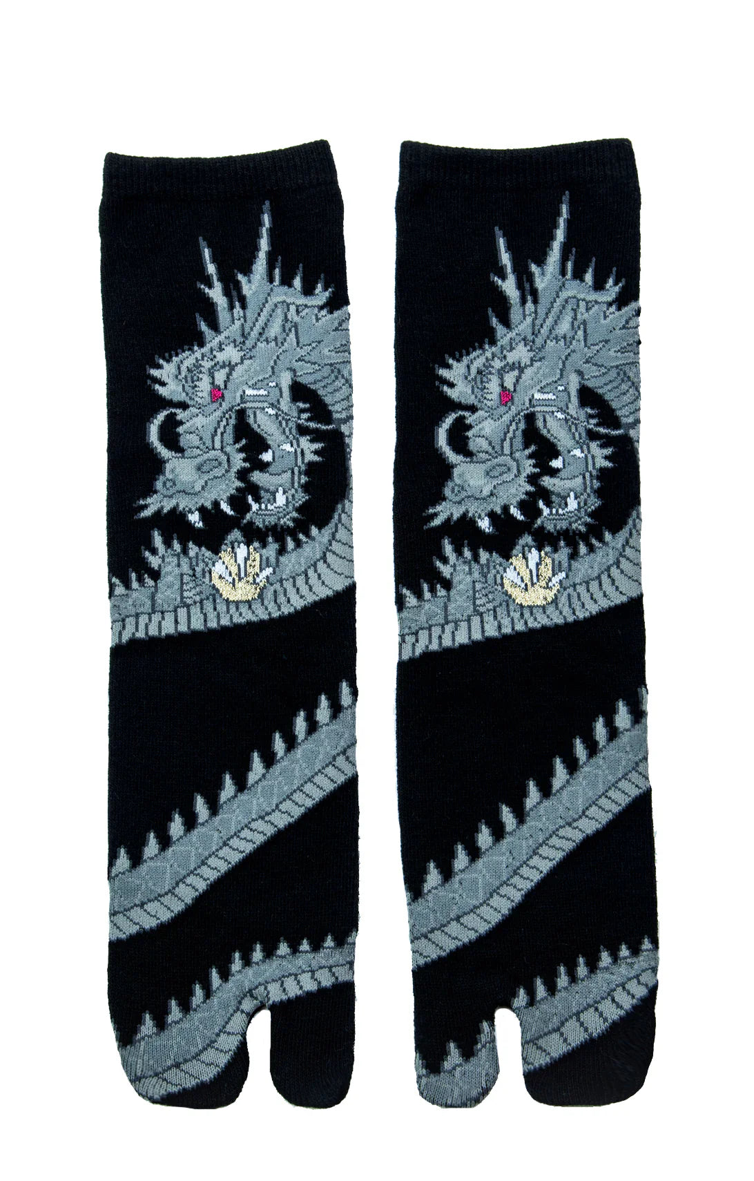 This is a photo of NINJA SOCKS' product name DRAGON TABI SOCKS Grey with a dragon design