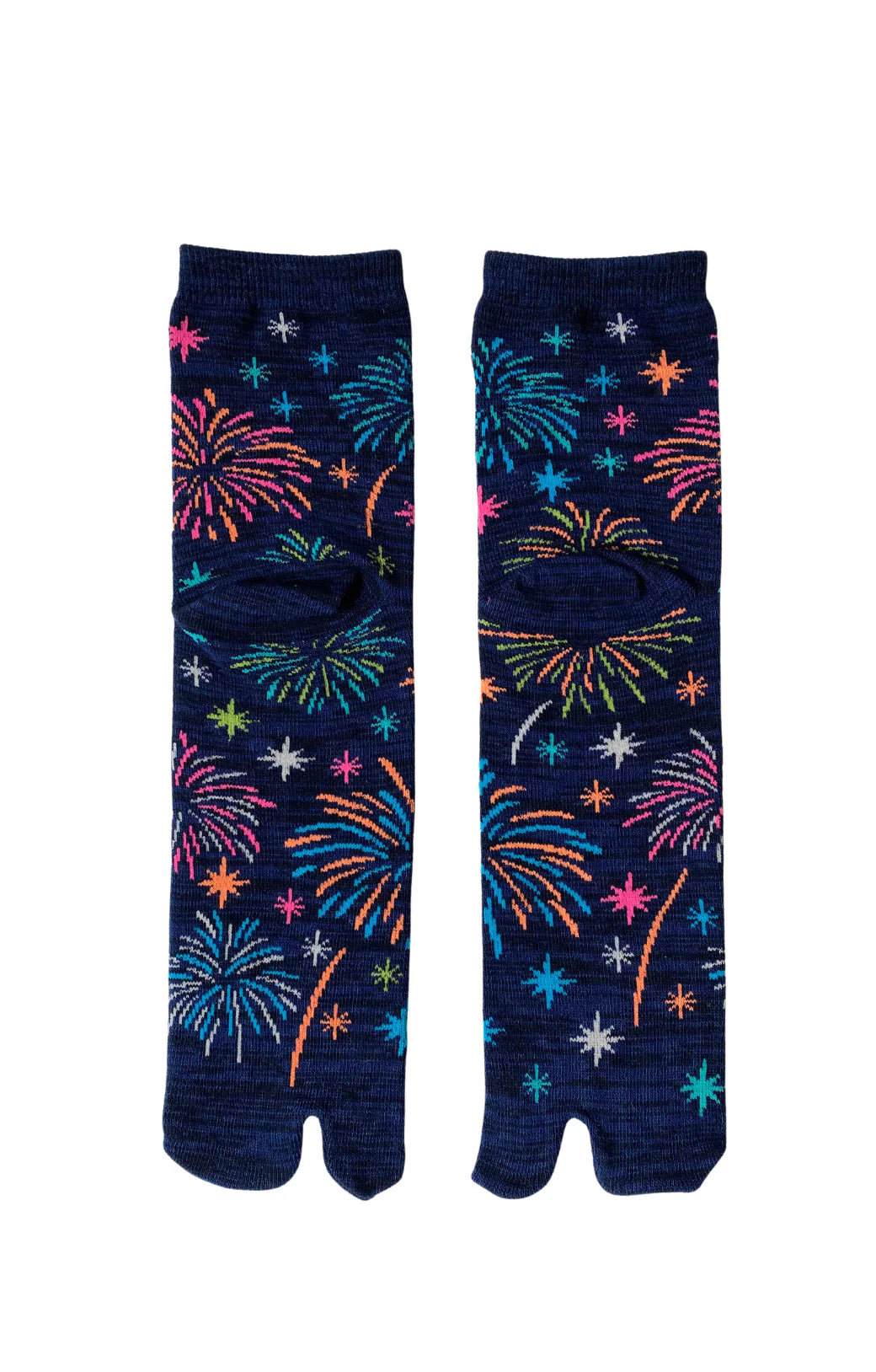 Socks by NINJA SOCKS under the trade name Hanabi Fire Works Tabi Toe Socks, back view in Navy color with colorful fireworks design