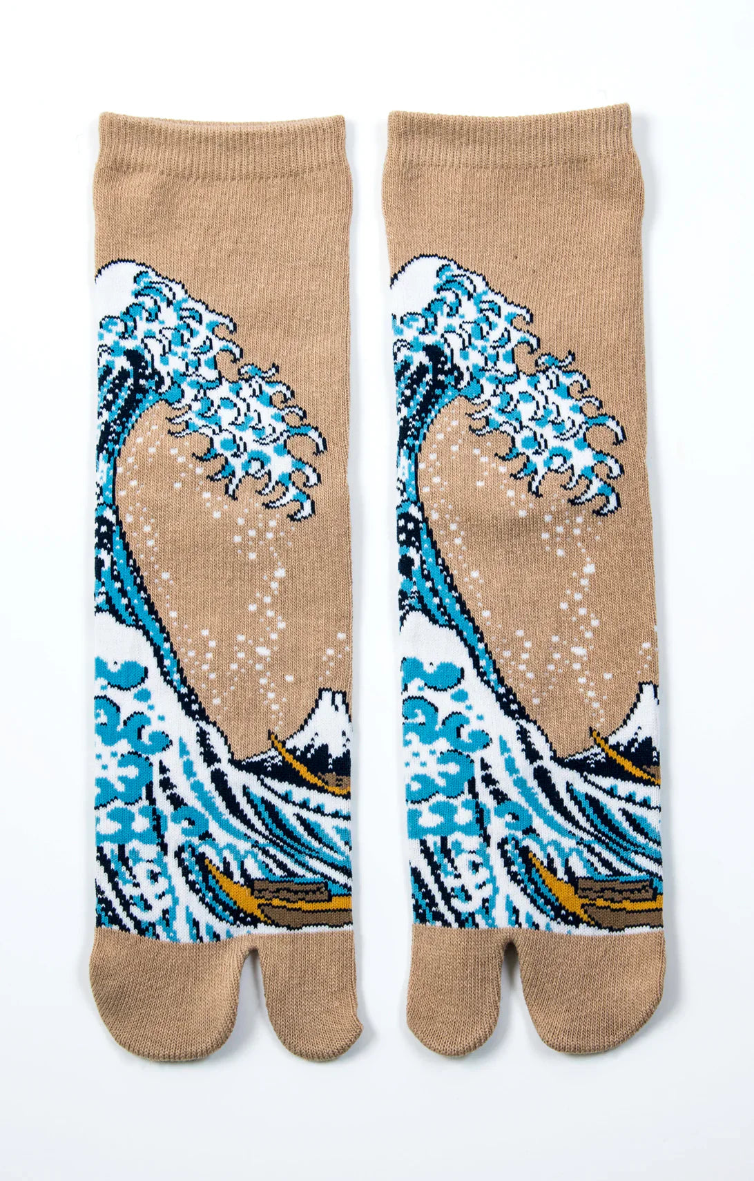 This is a photo of the product name Hokusai The Great Wave Tabi Socks Taupe, which is inspired by a painting by Hokusai Katsushika of Japan by NINJA SOCKS