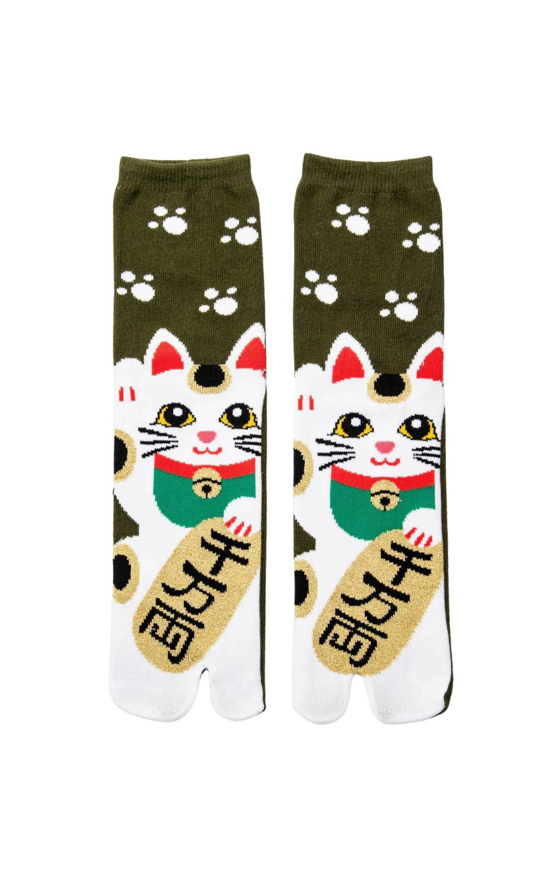 This is a photo of the product name MANEKINEKO TABI TOE SOCKS Olive, which is inspired by NINJA SOCKS's Japanese beckoning cat