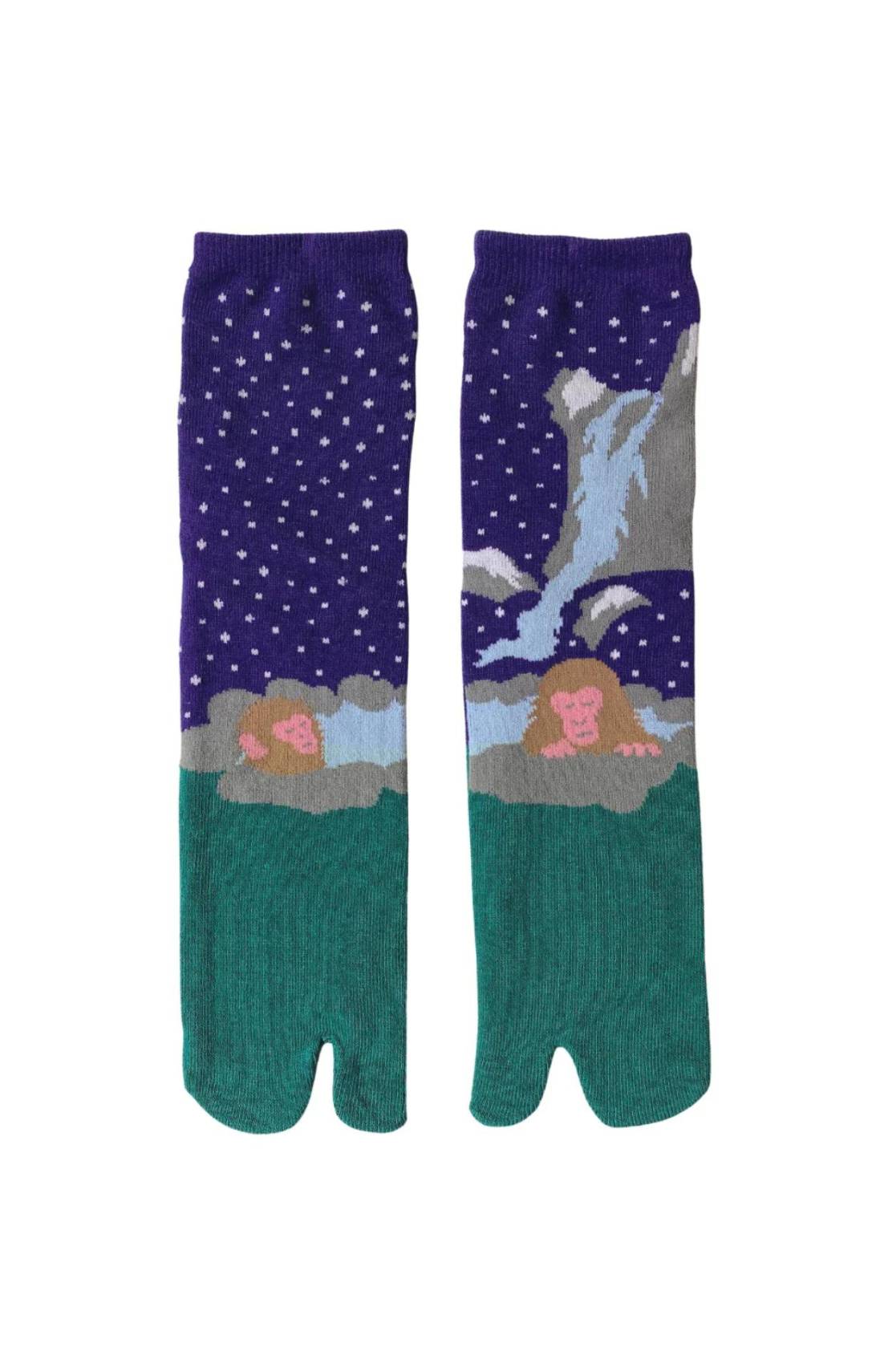 Socks by NINJA SOCKS named Onsen Monkey Saru Tabi Toe Socks, front view in PURPLE GREEN color with a design of a monkey in a hot spring