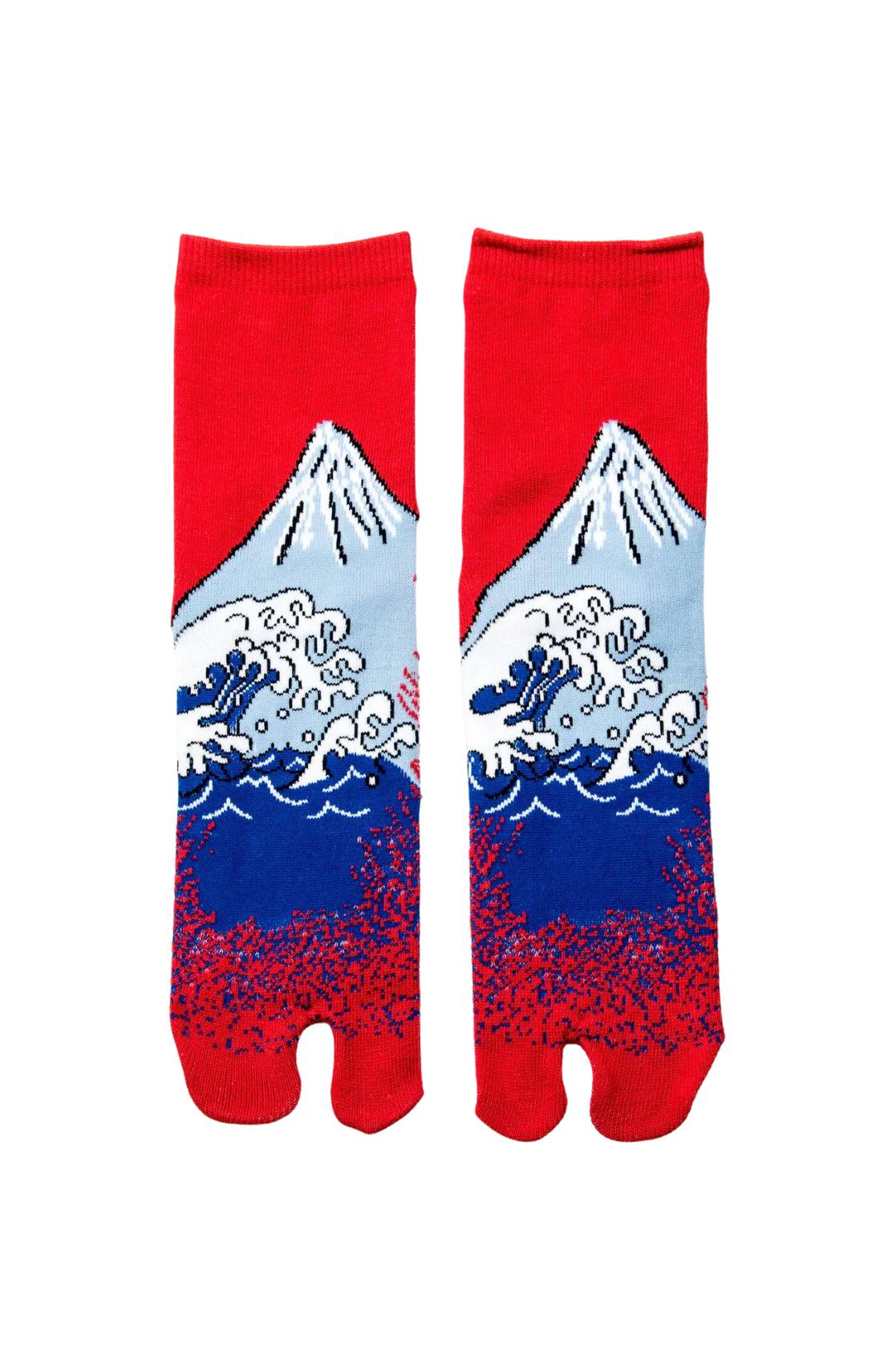 This is a photo of the product name HOKUSAI FUJI SAN TABI TOE SOCKS red, which is inspired by Hokusai Katsushika's painting of Mt. Fuji by NINJA SOCKS