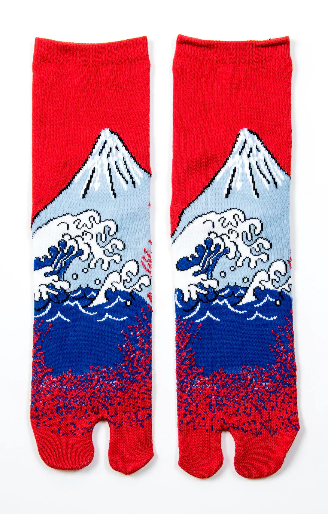 This is a photo of the product name HOKUSAI FUJI SAN TABI TOE SOCKS red, which is inspired by Hokusai Katsushika's painting of Mt. Fuji by NINJA SOCKS