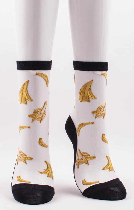 Tabbisocks Banana Clear Sheer Crew Socks with banana print all over, black at the top and bottom