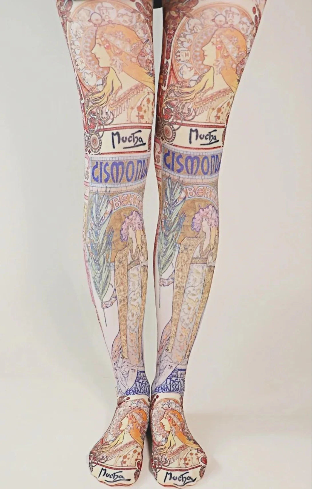 Woman's leg wearing Alfons Maria Mucha Printed Art Tights by Tabbisocks