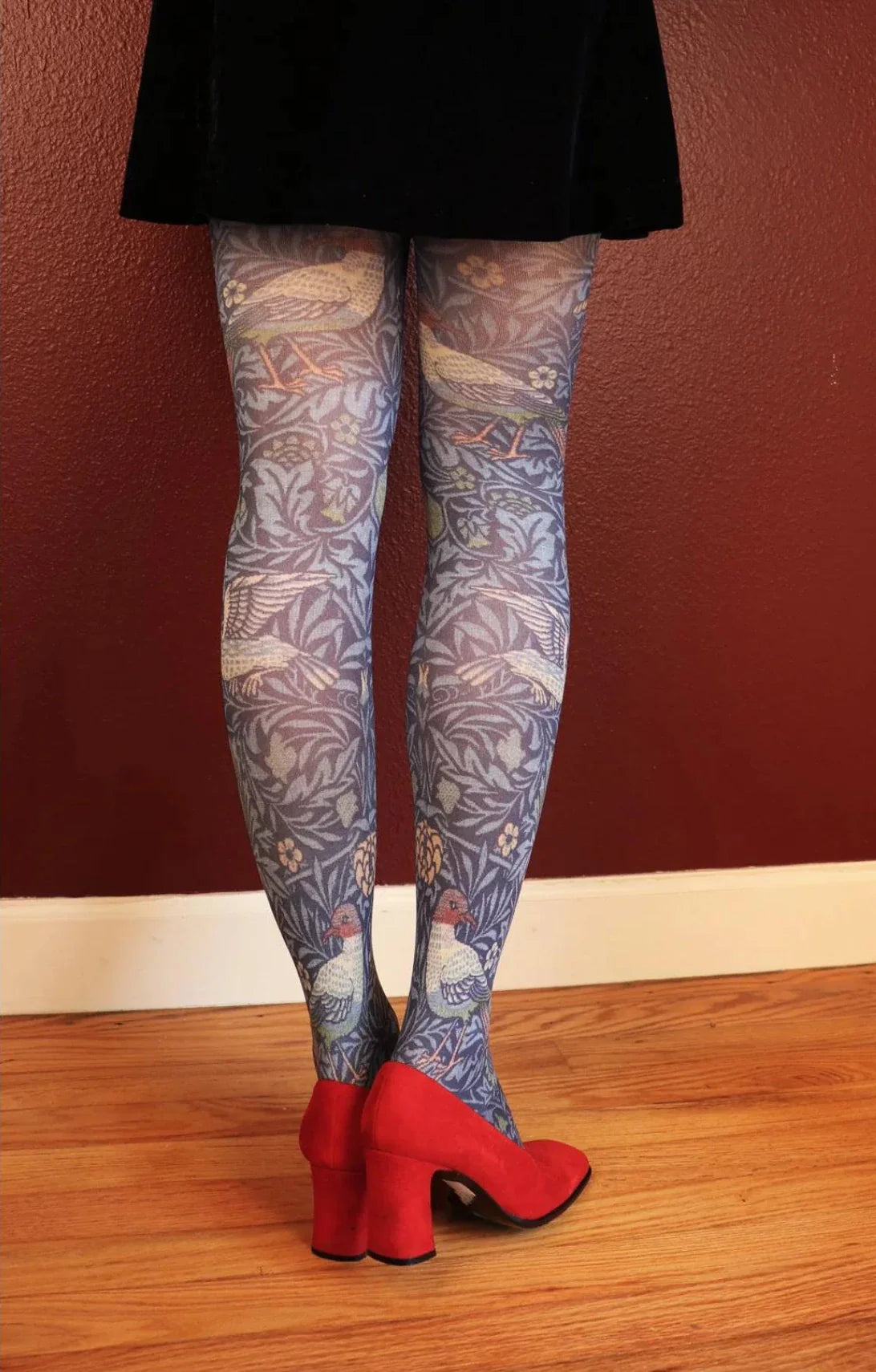 Woman in red heels wearing Tabbisocks RBird By William Morris Printed Art Tights