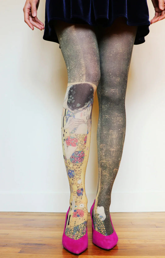 Woman in pink pumps and navy blue velvet fabric skirt wearing The Kiss By Gustav Klimt Printed Art Tights by Tabbisocks